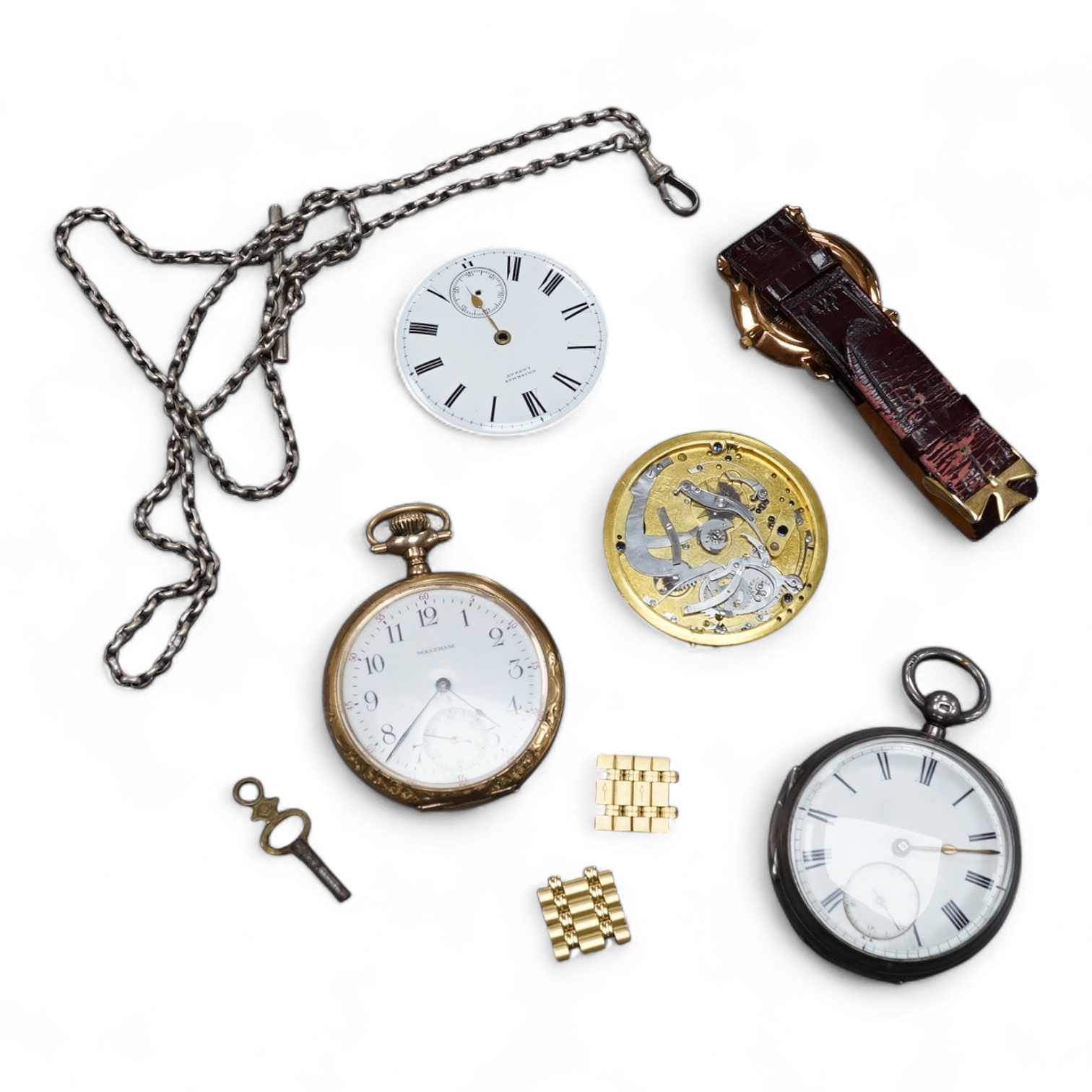 A late Victorian silver open faced keywind pocket watch, together with a Waltham gold plated pocket watch and six other items.